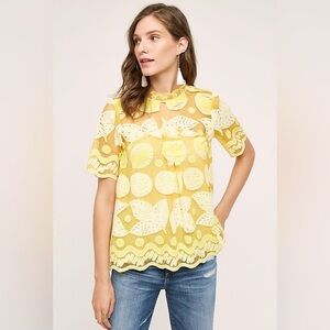 Anthropologie Yellow Lace Appliqué Short-Sleeve Blouse